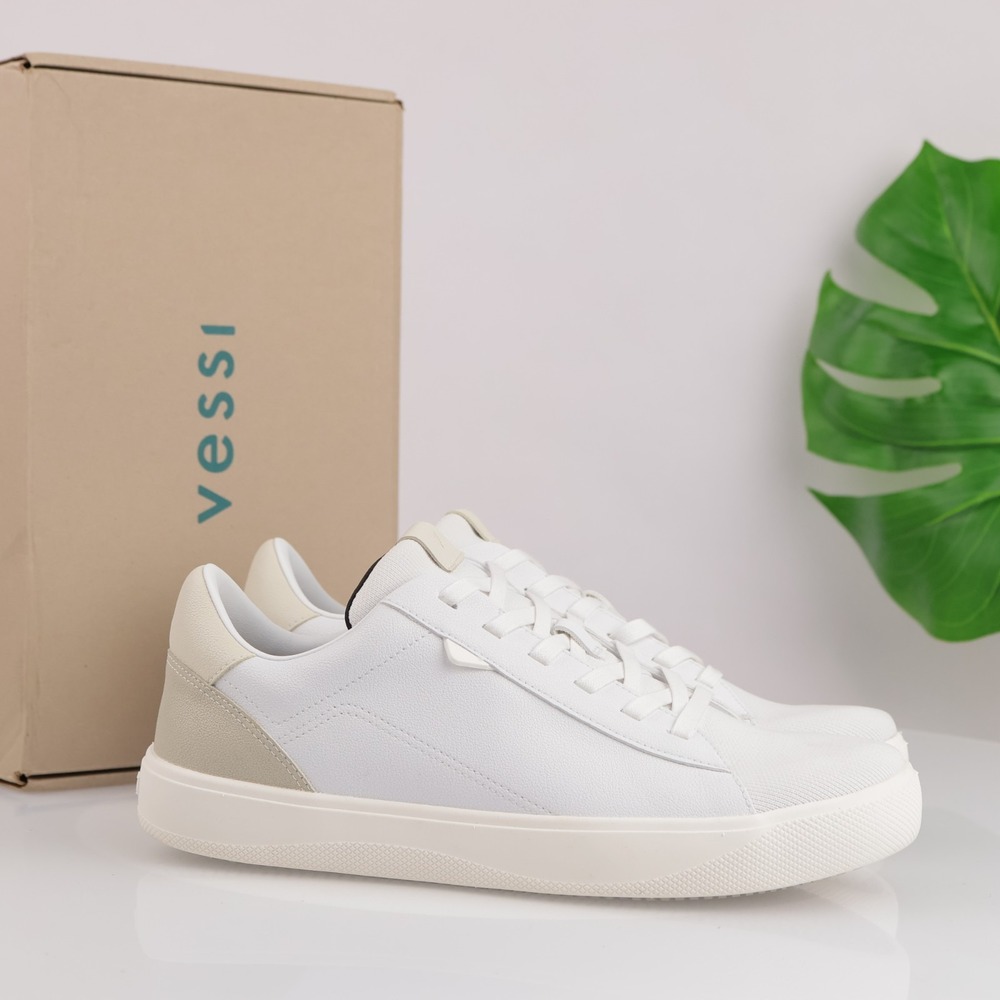 Vessi Mens Soho Sneakers Size 10 Waterproof White Tan Faux Leather Lace Up Shoes